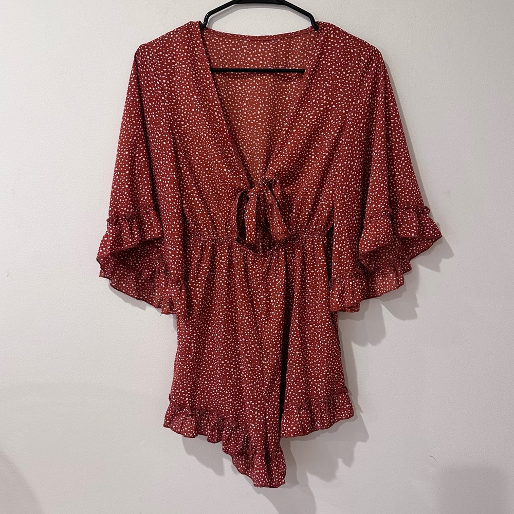 Shein vacay red ruffle trim tie front Dalmatian romper size small